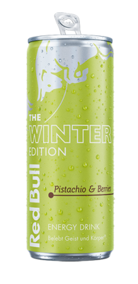 Red Bull WInter Edition Pistachio & Berries. Dose ist geöffnet.