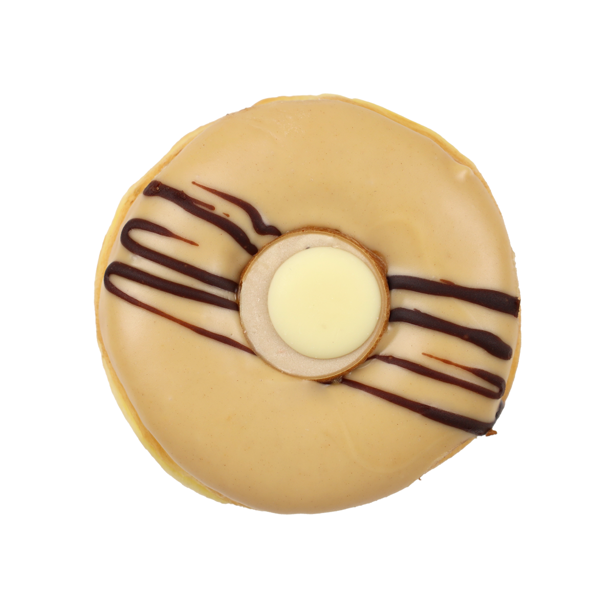 Ein runder Donut mit heller Glasur, einer weißen Füllung in der Mitte und dekorativen Schokoladenstreifen.
