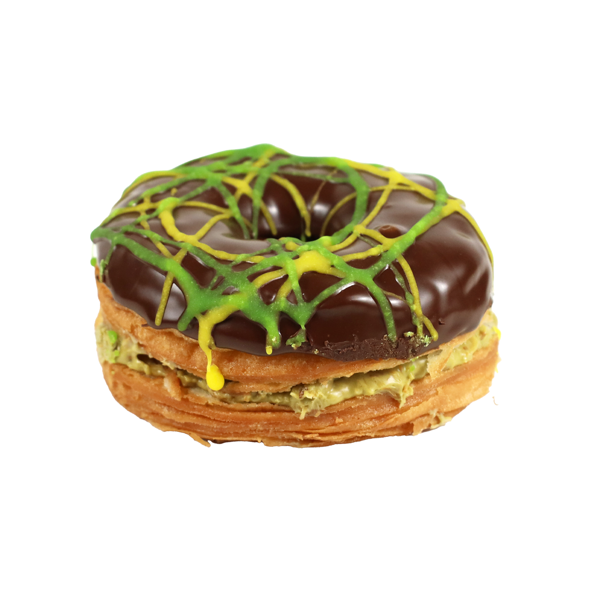 Ein gefüllter Donut mit Schokoladenglasur und buntem Zuckerguss in grün und gelb.