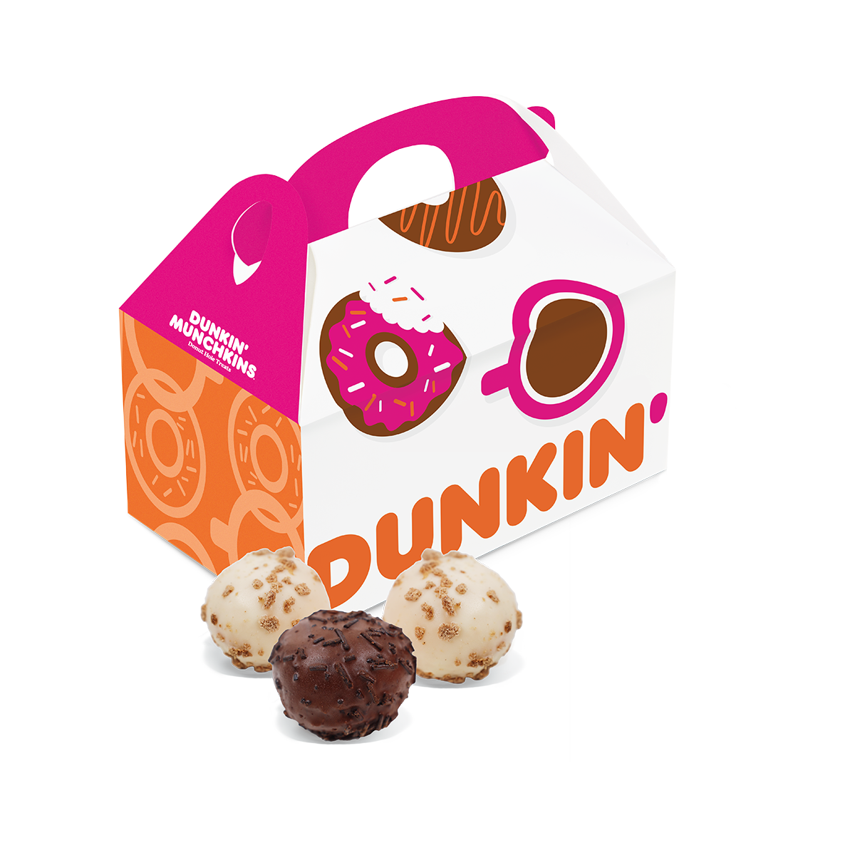 Eine Verpackung für Dunkin' Munchkins mit drei verschiedenen Donut-Bällen in weißen, braunen und gesprenkelten Sorten.